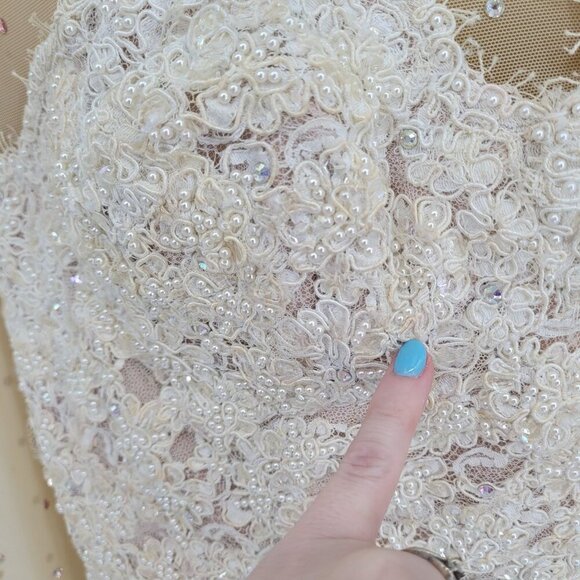 Sequin pearl beaded rhinestone accented boning ice skater bridal semi sheer lace - Picture 11 of 13